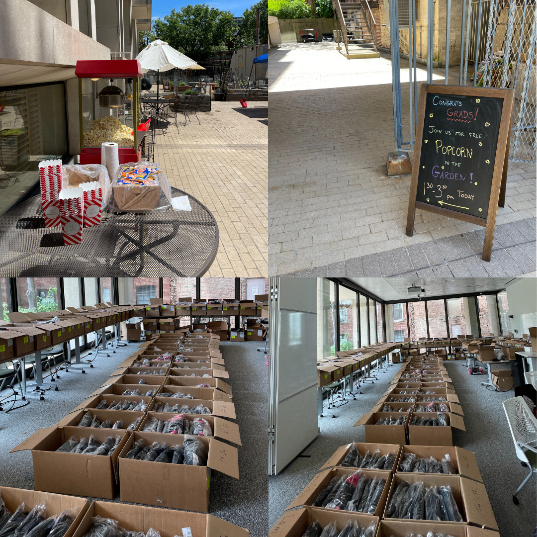 A collage of four photographs: a popcorn machine in Countway Community Garden; a sign that says: Congrats Grads! Join us for free popcorn in the garden 1:30 to 3:30 PM today; and two photographs of graduation caps and gowns in cardboard boxes waiting for pickup