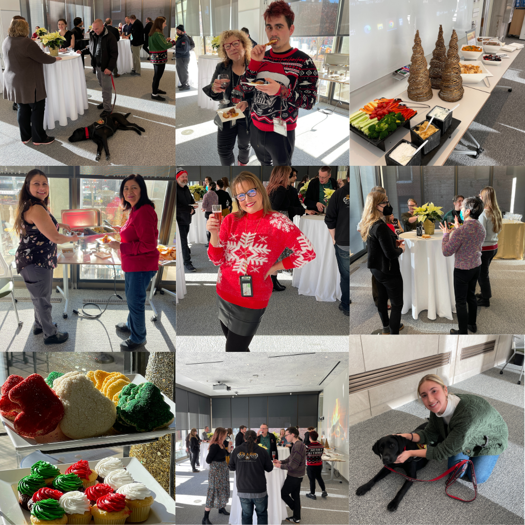 collage of nine photographs from Countway holiday party showing the food and the guests enjoying the party