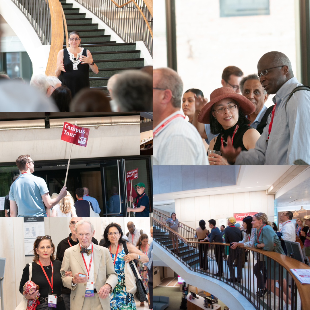 alumni weekend collage showing alumni touring the library