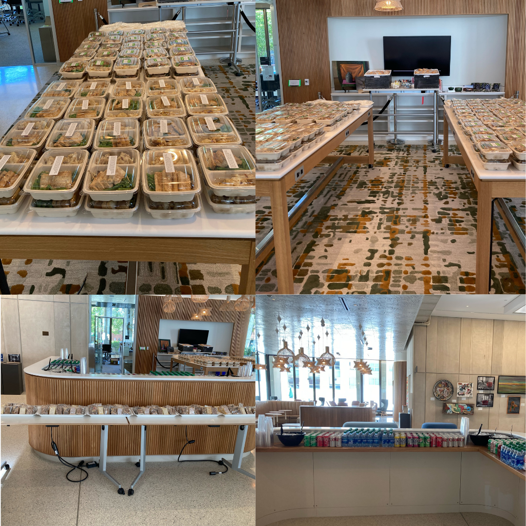 A collage of four photographs: three pictures of grab and go meals on a table and one of grab and go drinks 