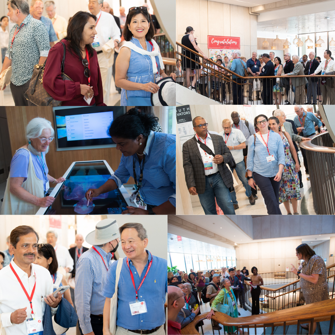 alumni weekend collage showing alumni touring the library and trying the Anatomage table