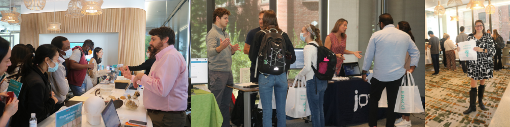 Library staff and attendees talk across tables at the 2022 Countway Resource Fair