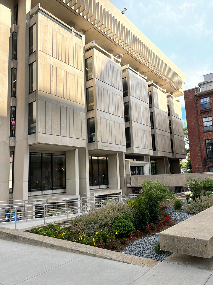 Countway Library building exterior including the entrance ramp